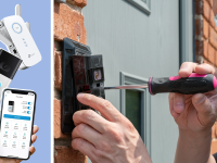 A person using a screwdriver on a video doorbell next to a collage featuring a Wi-Fi extender, a smartphone and a video doorbell.