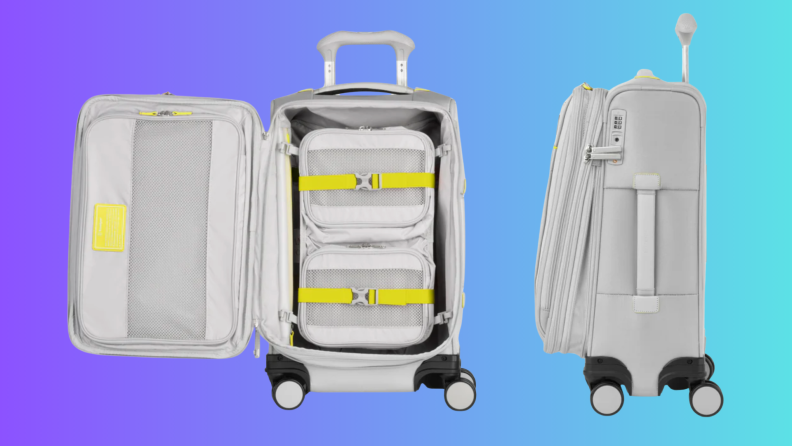Two pieces of luggage on a purple and blue background