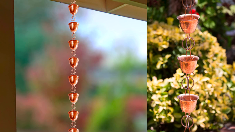 Two images of a copper rain chain hanging on a porch.