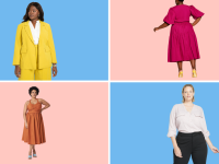 Collage of plus-size outfits: a yellow blazer, berry-colored midi dress, an orange midi dress, and a blush-colored blouse.
