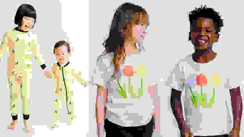 Left: an Asian girl and baby hand in hand smiling, wearing the same yellow onesie in different sizes; Right: a girl with long brown hair and bangs looking to the left at a Black boy who's looking at the camera and they're both wearing a white t-shirt with flowers on it.
