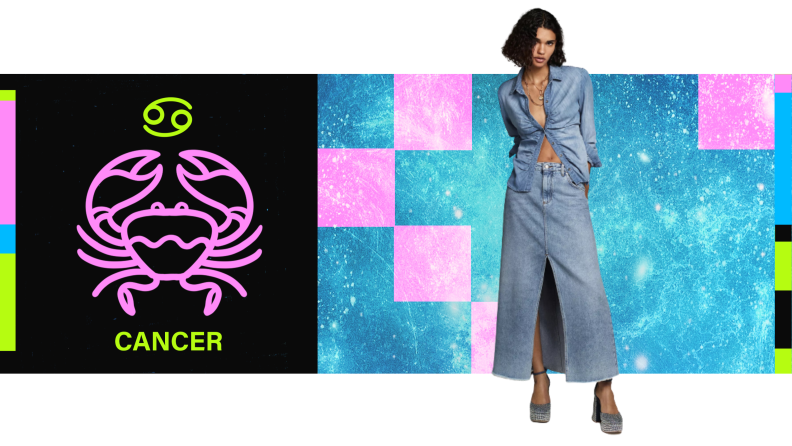 On the left is the symbol for Cancer, and on the right is a model wearing a denim ensemble with a maxi skirt with a high slit.