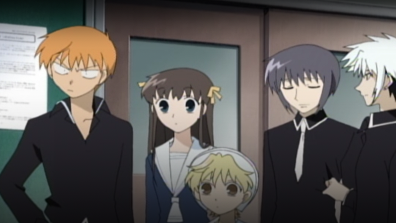 A still from Fruits Basket featuring the central characters in their school uniforms, standing together.