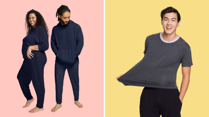 Collage image of a man and woman wearing matching navy sweatpants and hoodies, and an image of a man stretching a gray T-shirt away from his body.