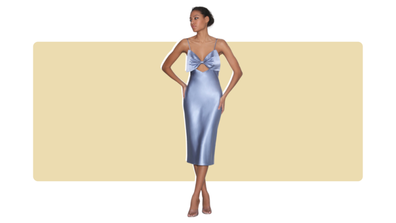 A pale blue satin slip dress with a bow-shaped bodice.
