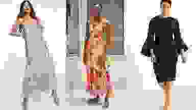 左图:羽毛鸡尾酒礼服;中:彩色及地长裙;右图:合身的水肺服