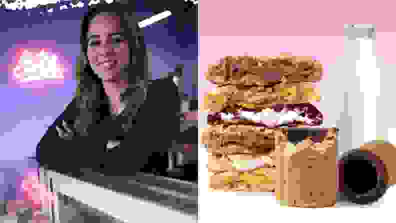 Dirty Cookie founder Shahira Marei posing in her kitchen next to a shot of a Dirty Cookie dessert.