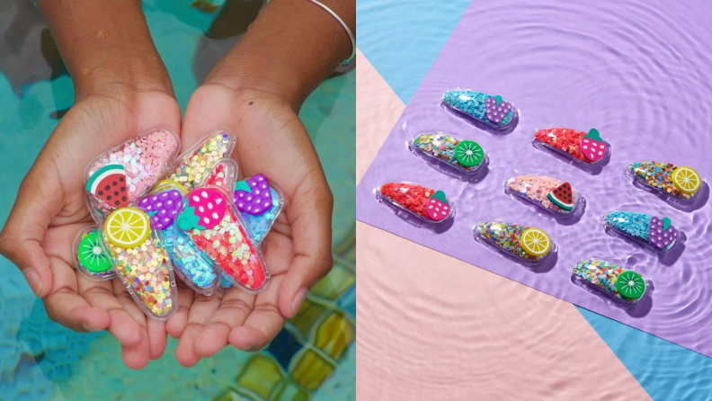 A handful of children's colorful hair clips.