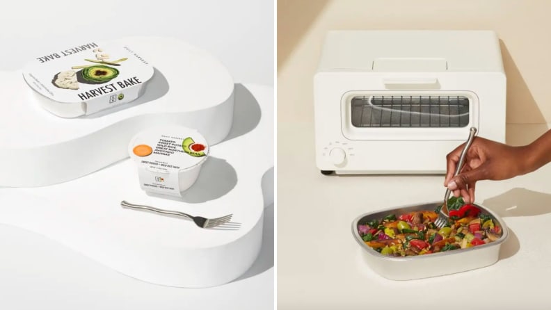 On left, packaged Daily Harvest Harvest Bake and Harvest Bowl. On right, hand digging into a Harvest Bake with a fork, and toaster oven in background.
