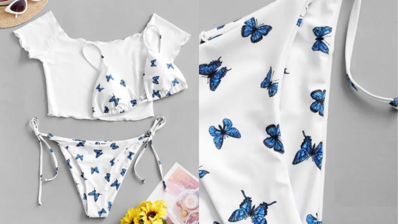 White and blue two-piece swimsuit with butterfly pattern.