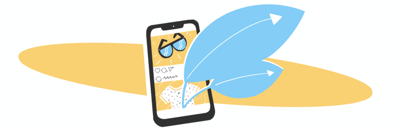 Illustration of a smartphone with an Instagram feed on it. Two blue leaves float above the phone.