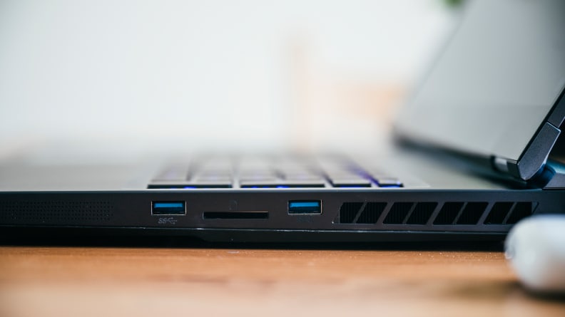 Close up of the side connectivity ports on a laptop.