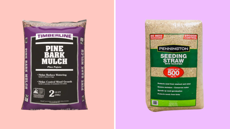 A split image of pine bark mulch and seeding straw from Lowe's.