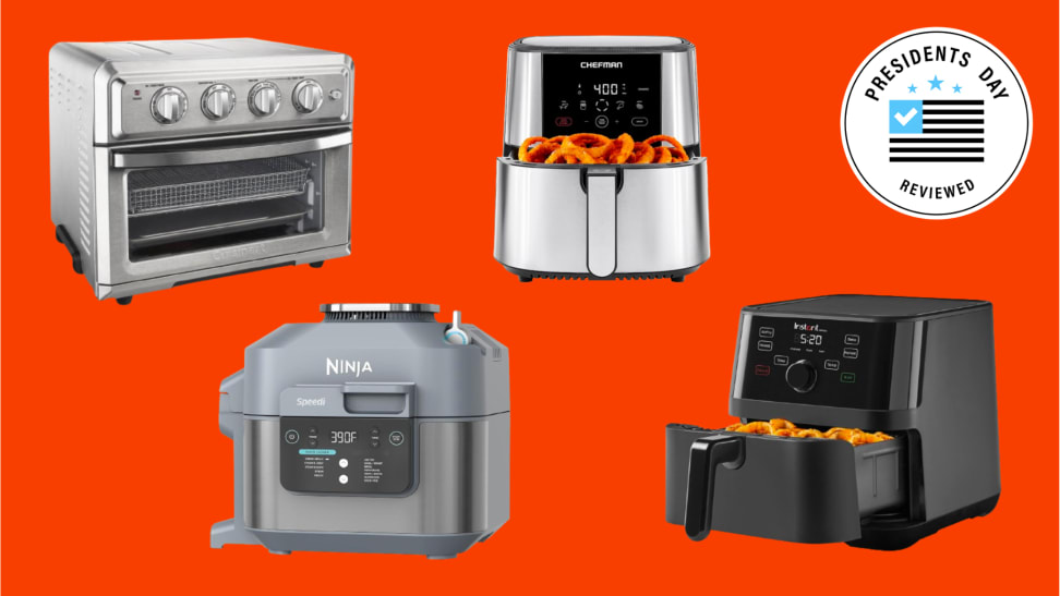 Photo collage of different air fryers from Chefman, Ninja and Cuisinart.