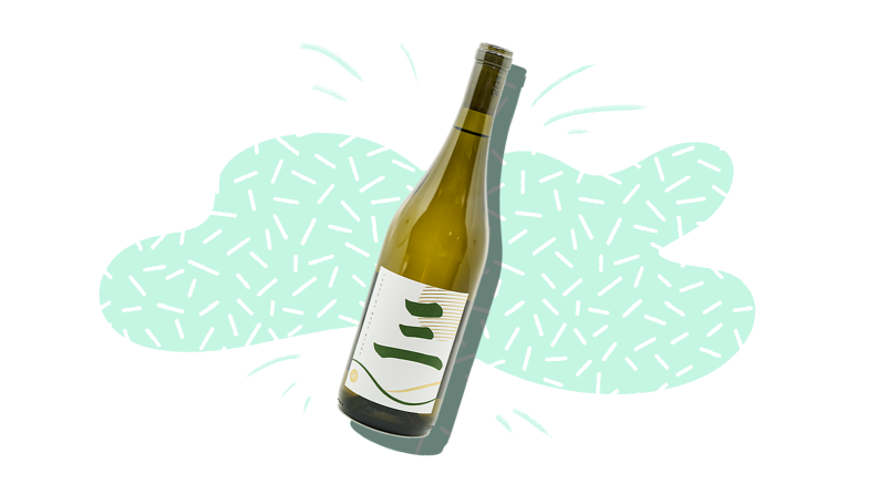 A silhouetted bottle of white wine wine on a mint and white patterned background.