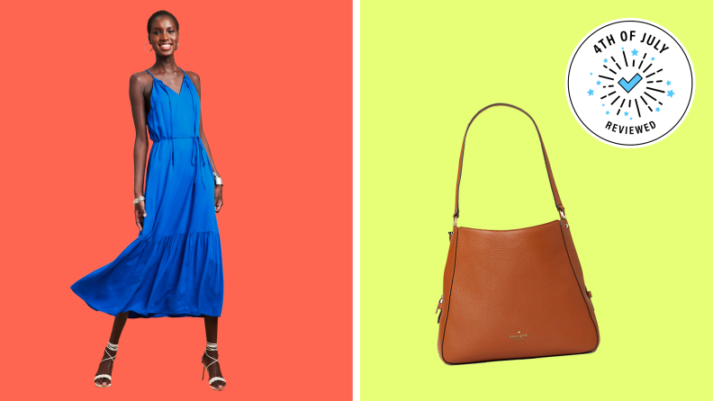 A woman wearing a blue dress on the left against a red background. A brown purse against a light-green background on the right. A Reviewed 4th of July in the upper right corner.