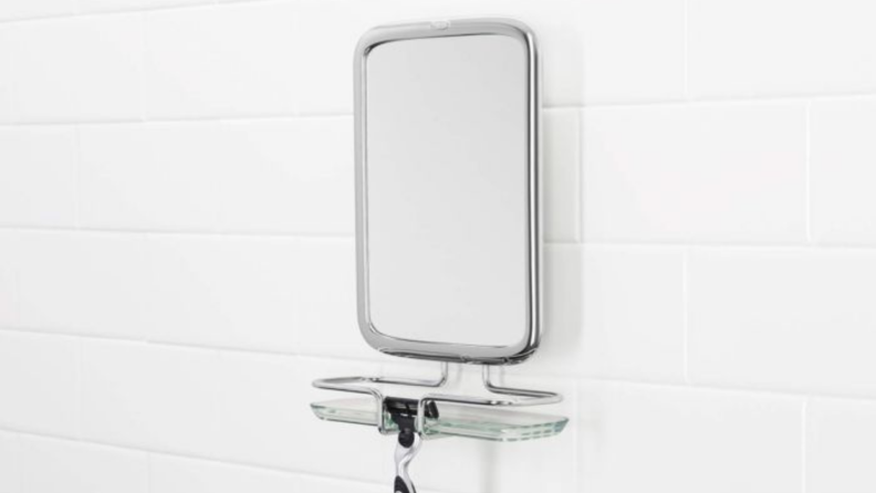OXO's no fog mirror mounted on shower tile