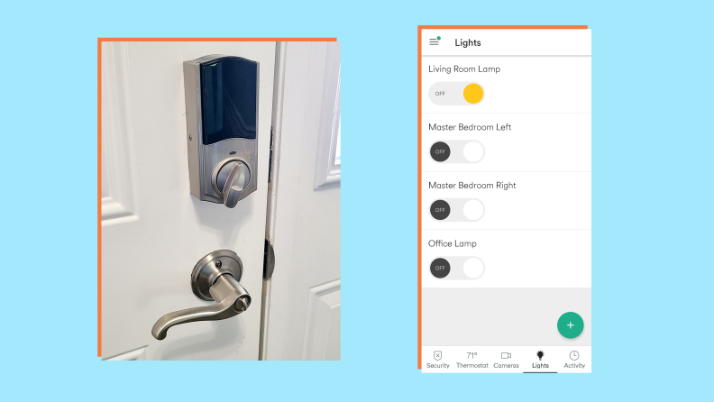 The Vivint door lock next to a screenshot of the Vivint mobile app.