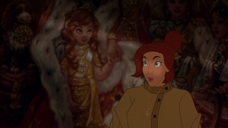 A still from 'Anastasia' of Anya standing next to a tapestry of herself as a young girl.