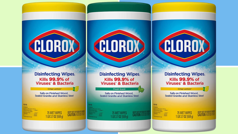 A 3-pack of Clorox wipes against a blue and green background.