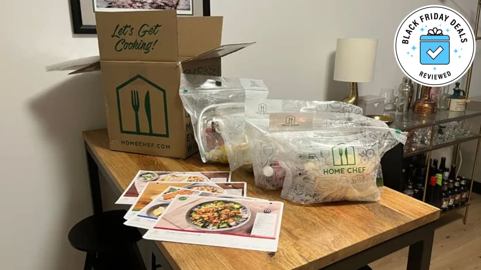 A collection of Home Chef meal kits on a table.