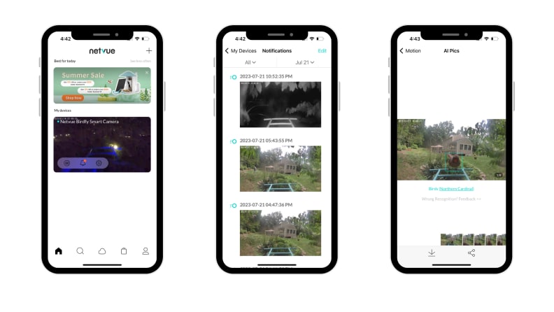 Three screen shots appear in smartphone frames