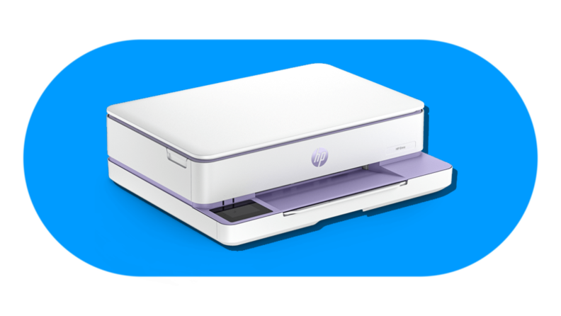 A lavender-trimmed HP Envy printer on a blue background, featured as part of the HP Envy printer lineup.