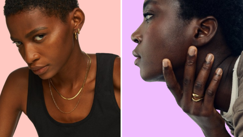 Two models wearing gold jewelry