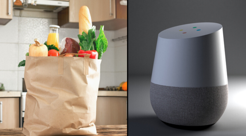 Bag of groceries on counter and Google Home speaker