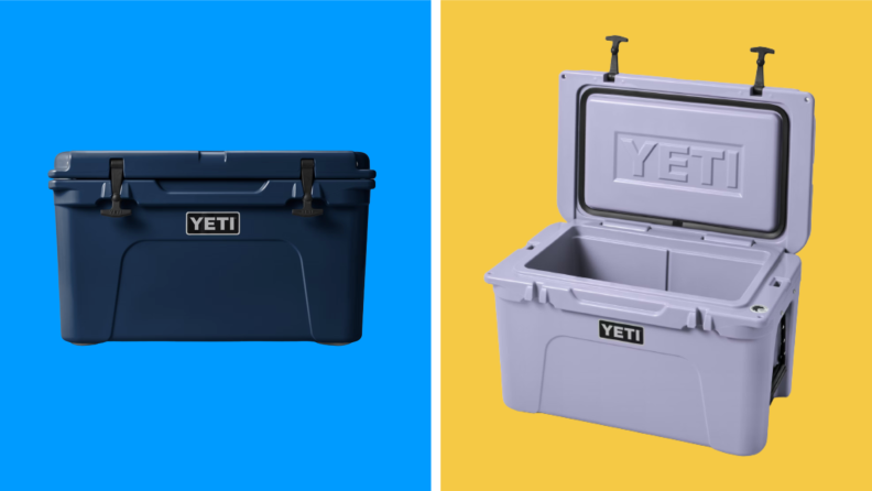 Photos of a Yeti cooler on a blue and yellow background.