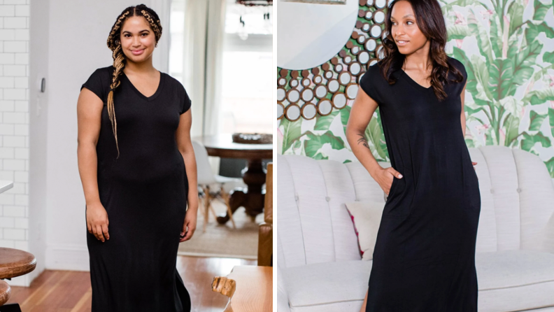 Collage of two women wearing the same black maxi dress.