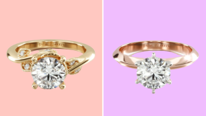 Two James Allen engagement diamond rings, one gold finish and the other a rose gold finish, shown side by side.