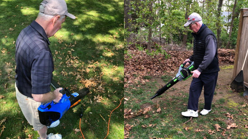 A man tests two different leaf blowers in a grassy yard.