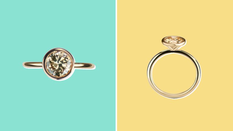 Collage of an engagement ring from the Clear Cut shown from two different angles.