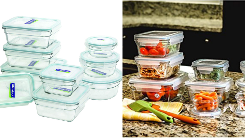 On the right, stacks of Glasslocks leak-proof food containers. On the right, stacks of Glasslocks food storage containers are packed with food.