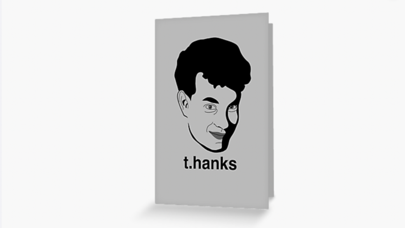 A thank you card with a young Tom Hanks on the from and the text 