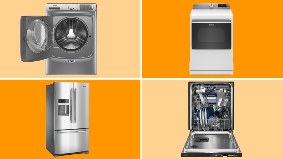 Product shots of the Maytag MHW8630HC washer, MED7230HW top load dryer, MFI2570FEZ French-door fridge and the MDB8959SAS 24-inch stainless-steel dishwasher.