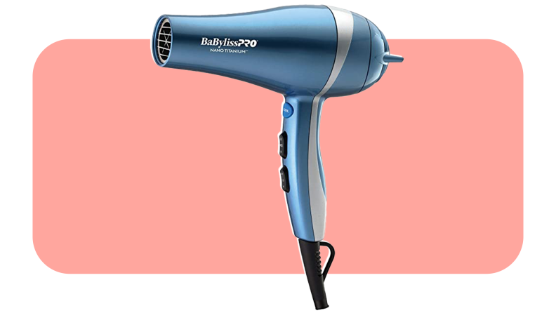 A blue hair dryer against a pink background.