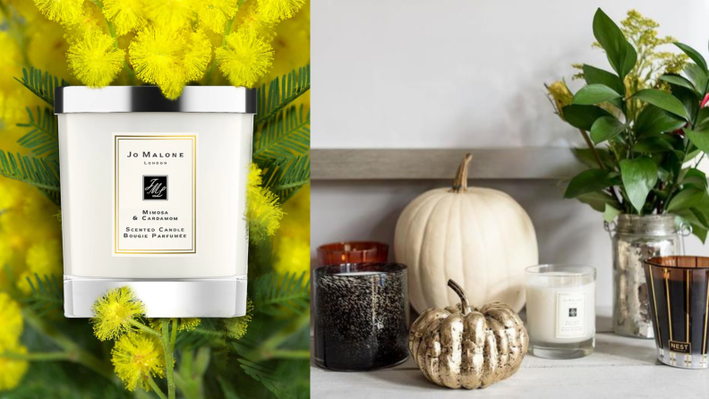 On left, Jo Malone Mimosa and Cardamom Home Candle surrounded by yellow flowers. On right, Jo Malone Mimosa and Cardamom Home Candle sitting on countertop surrounded by other candles, decorative pumpkins and a plant.