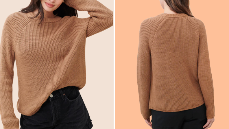 Collage of front and reverse view of the Cotton Fisherman Sweater in brown on a model.