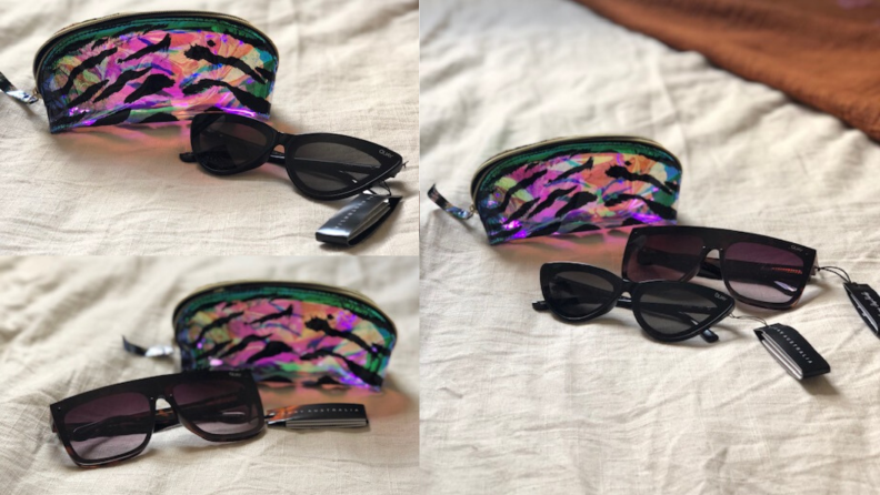 Three images of sunglasses with their cases.