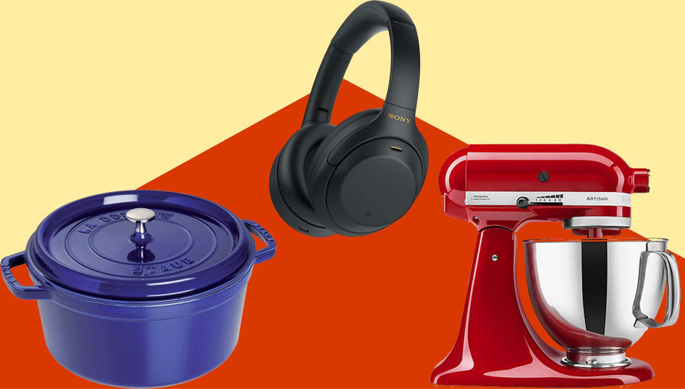 Cobalt Dutch oven, black headphones, red mixer on yellow/orange background