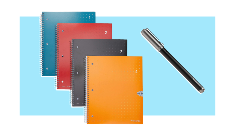 A Livescribe symphony pen pictured next to four multi-colored notebooks