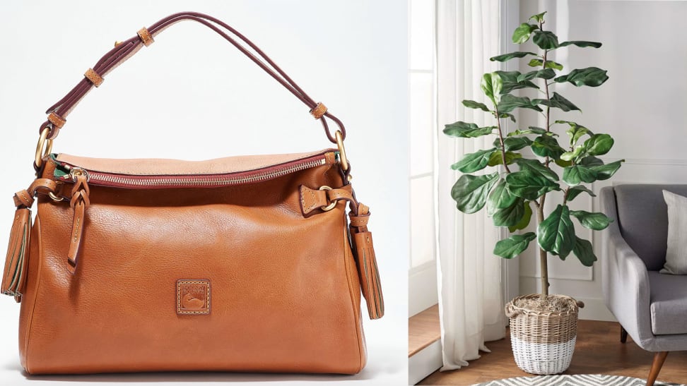 leather purse, faux plant