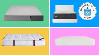 Four mattresses with the Black Friday Deals Reviewed badge in front of colored backgrounds.