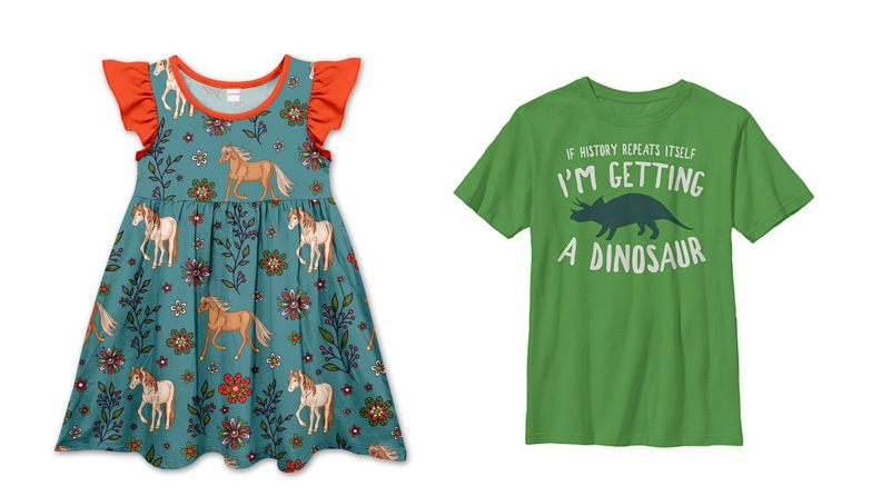 A colorful blue and orange dress next to a bright green graphic tee