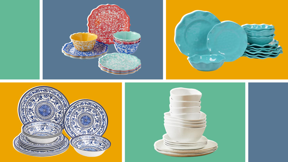 Collage featuring melamine dishware in front of a background.