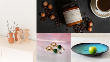Several images of Etsy shop goods including wooden objects, candles, earrings, and a ceramic bowl.