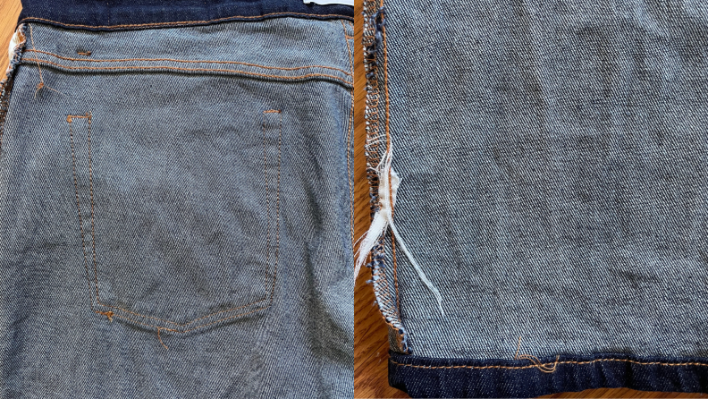 the inside of denim jeans with fray and pilling