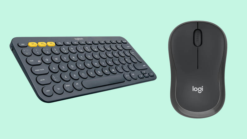 A Logitech keyboard and mouse side-by-side on a light green background.